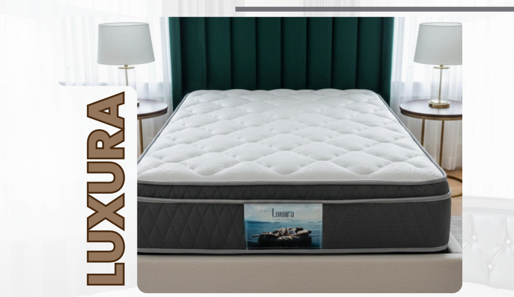 Luxura pillow-top mattress with a diamond-quilted charcoal border and a green headboard