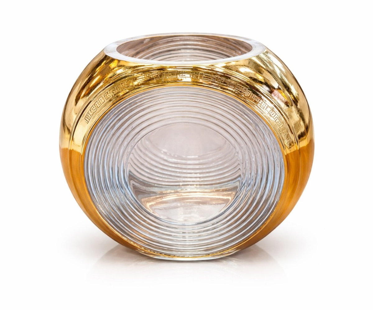 Luxury gold ribbed glass vase, round vase with a gold band and clear centre