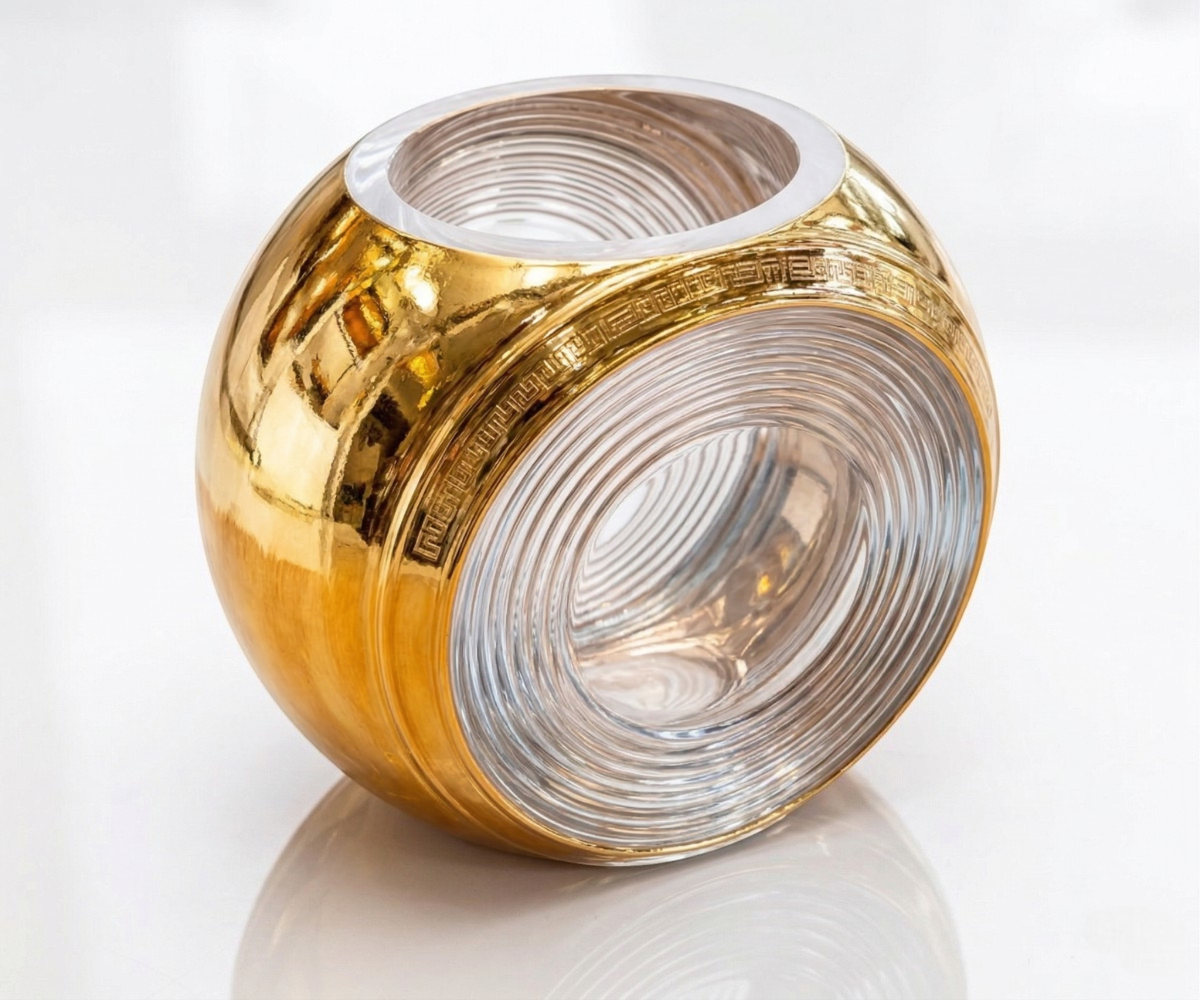 Luxury gold ribbed glass vase, round vase with a gold band and clear centre