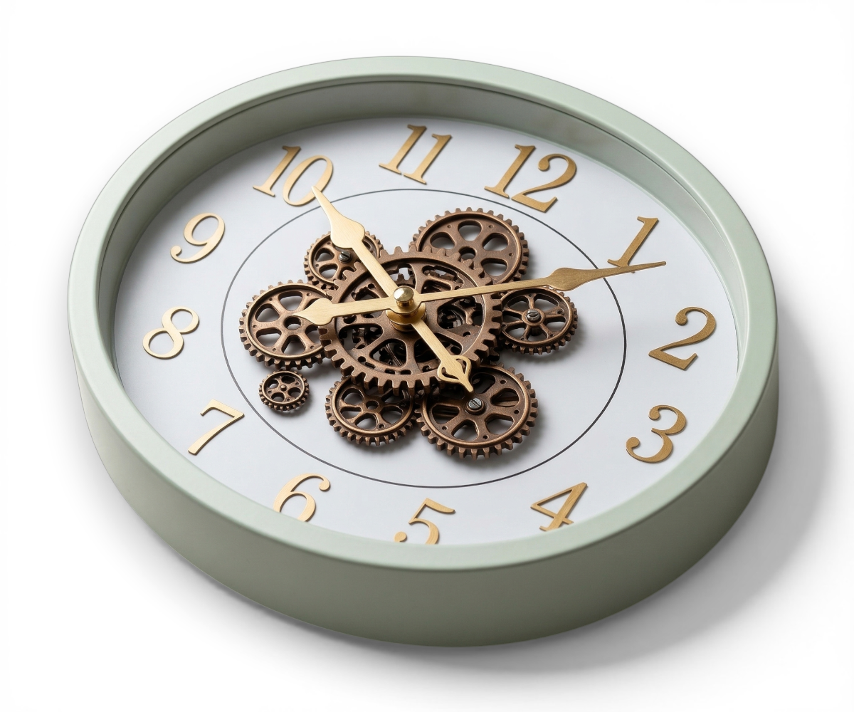 Luxury oval wall clock in sage with exposed bronze gears on a white dial