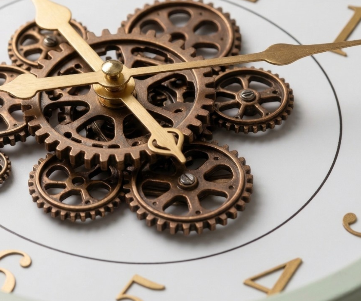 Luxury oval wall clock in sage with exposed bronze gears on a white dial