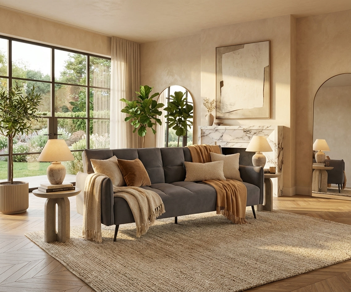 LV3473 tufted sofa bed in a sunlit living room with a fireplace