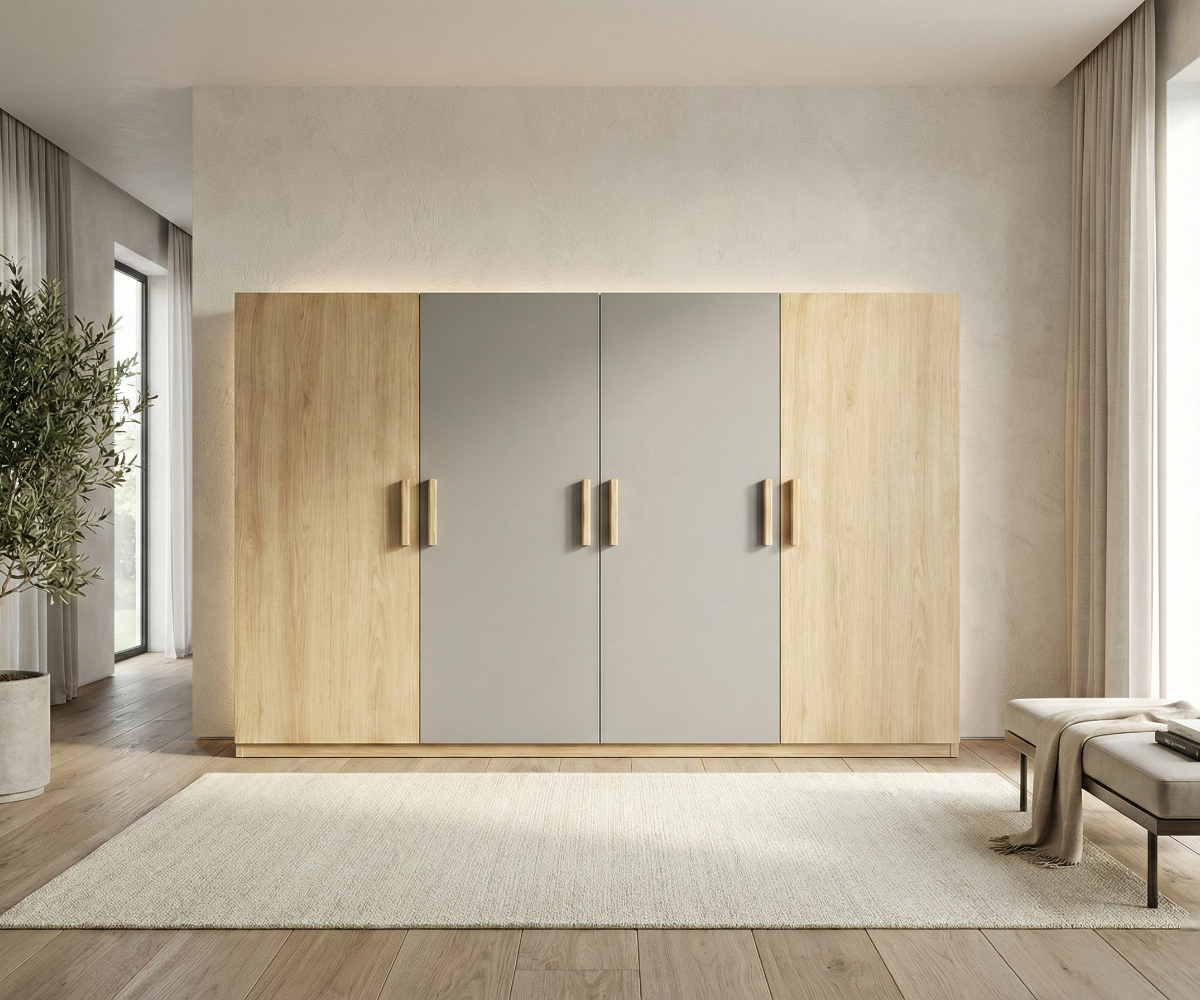 LYRA modular oak wardrobe spanning a bright bedroom wall beside a bench