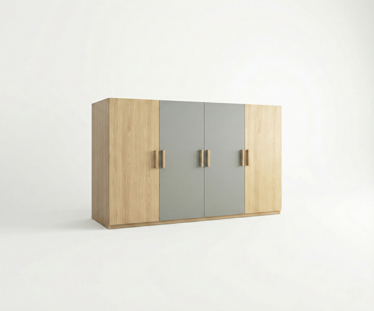 LYRA modular oak wardrobe spanning a bright bedroom wall beside a bench