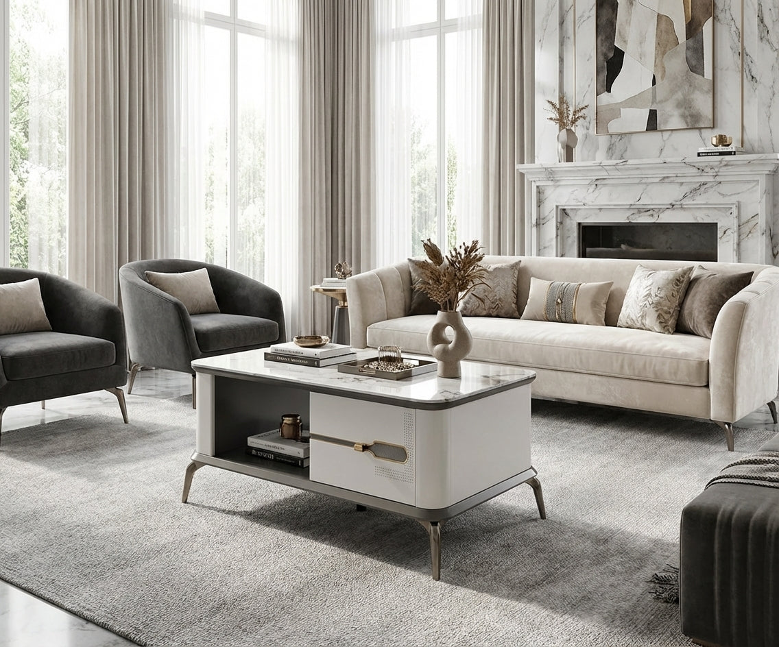 M-120 marble storage table in a bright room with a marble fireplace