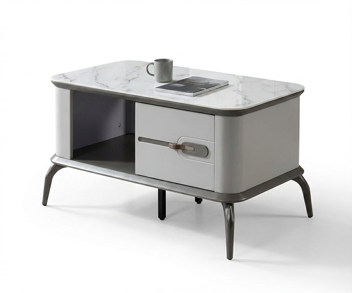 M-120 marble storage table in a bright room with a marble fireplace