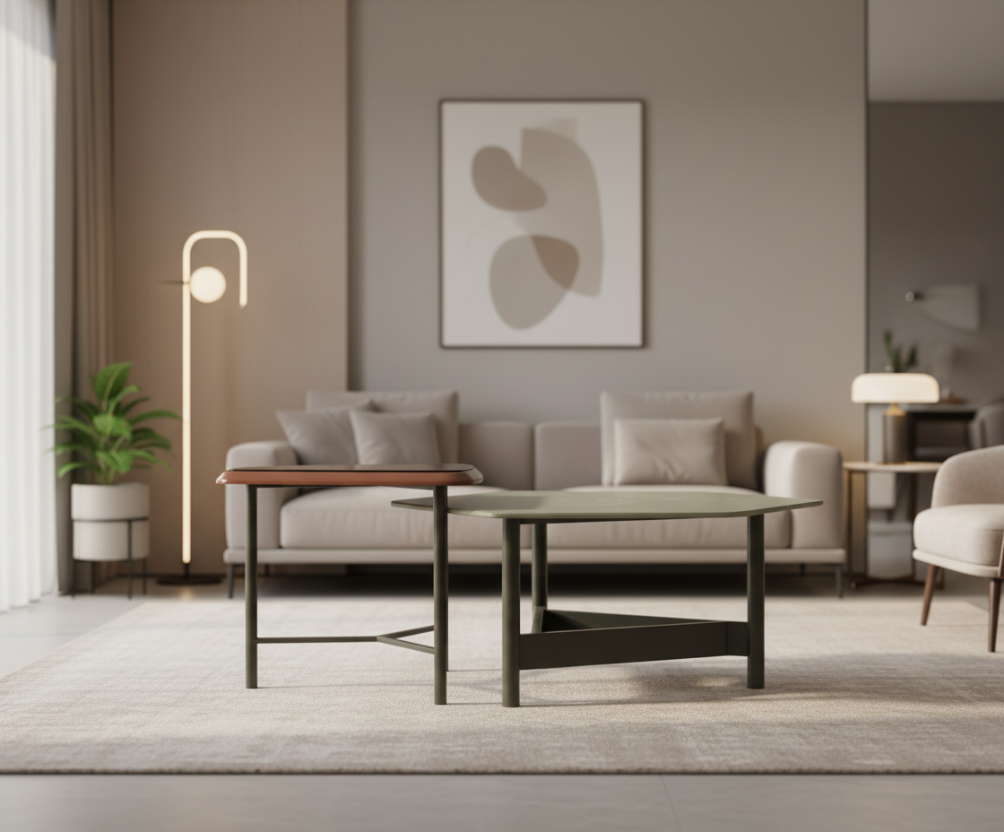 M125 black marble tables in a bright minimal living room