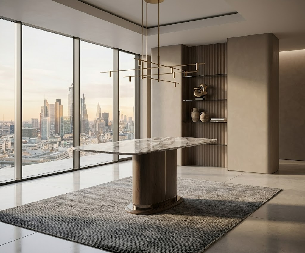 M19+/8-A32 dining table in a city-view dining room at dusk