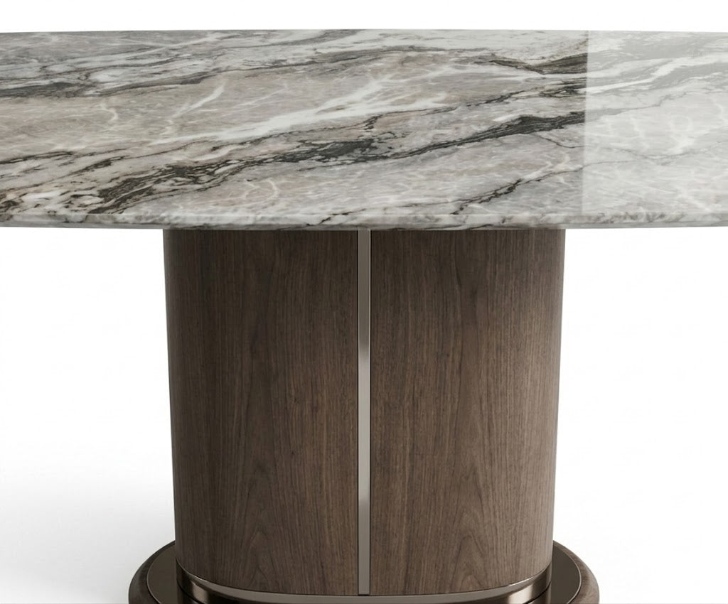 M19+/8-A32 dining table in a city-view dining room at dusk