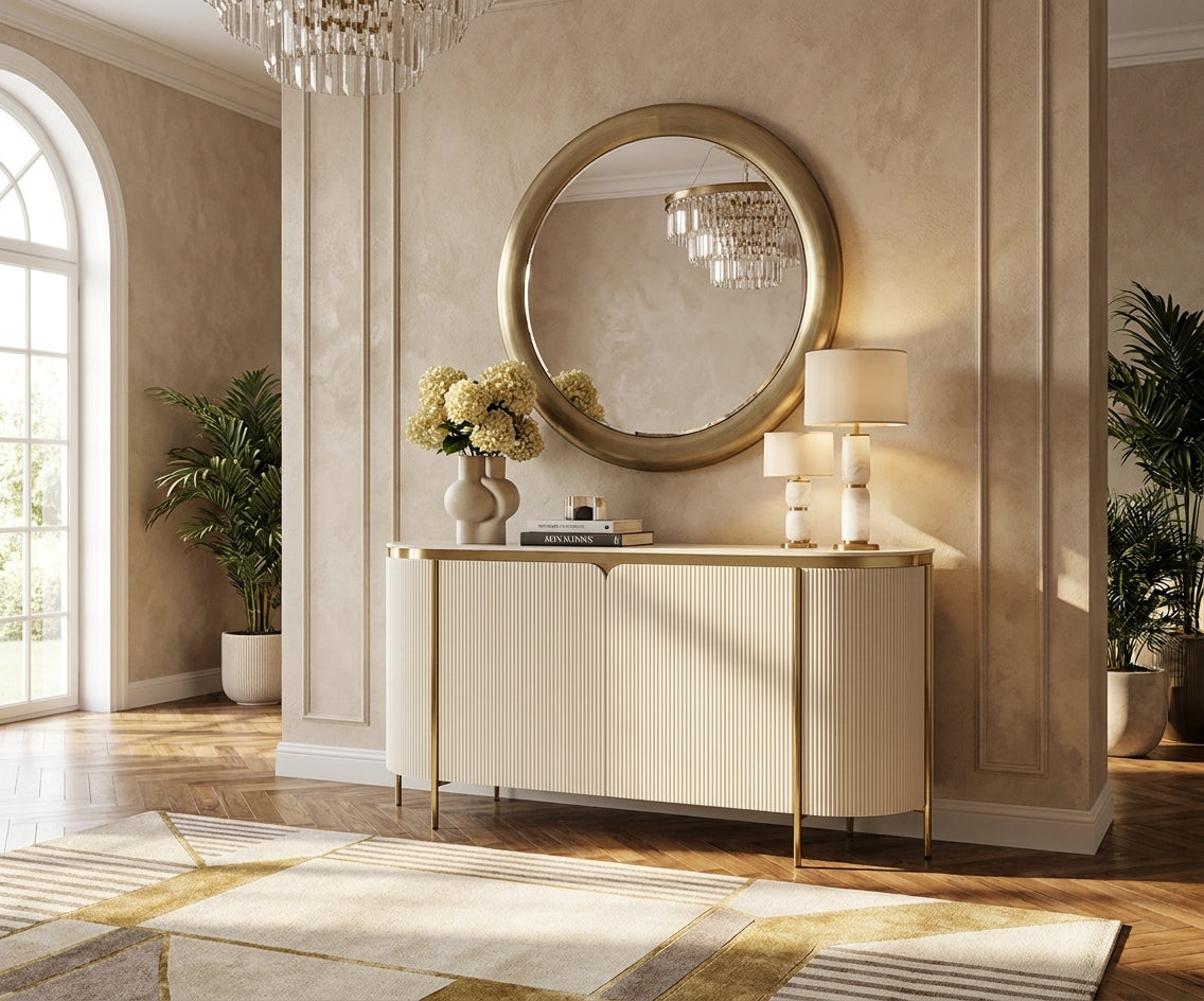M252 white cabinet console beneath a round gold mirror in a bright hallway