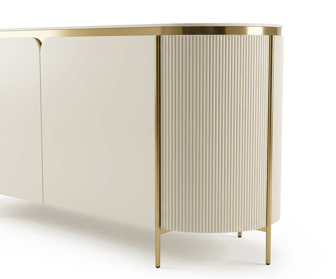 M252 white cabinet console beneath a round gold mirror in a bright hallway