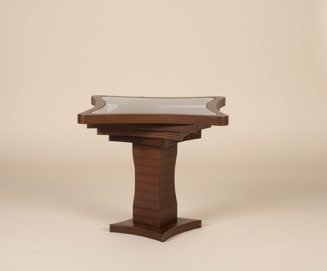 MAESTRO round wooden table, front view with a stepped walnut pedestal