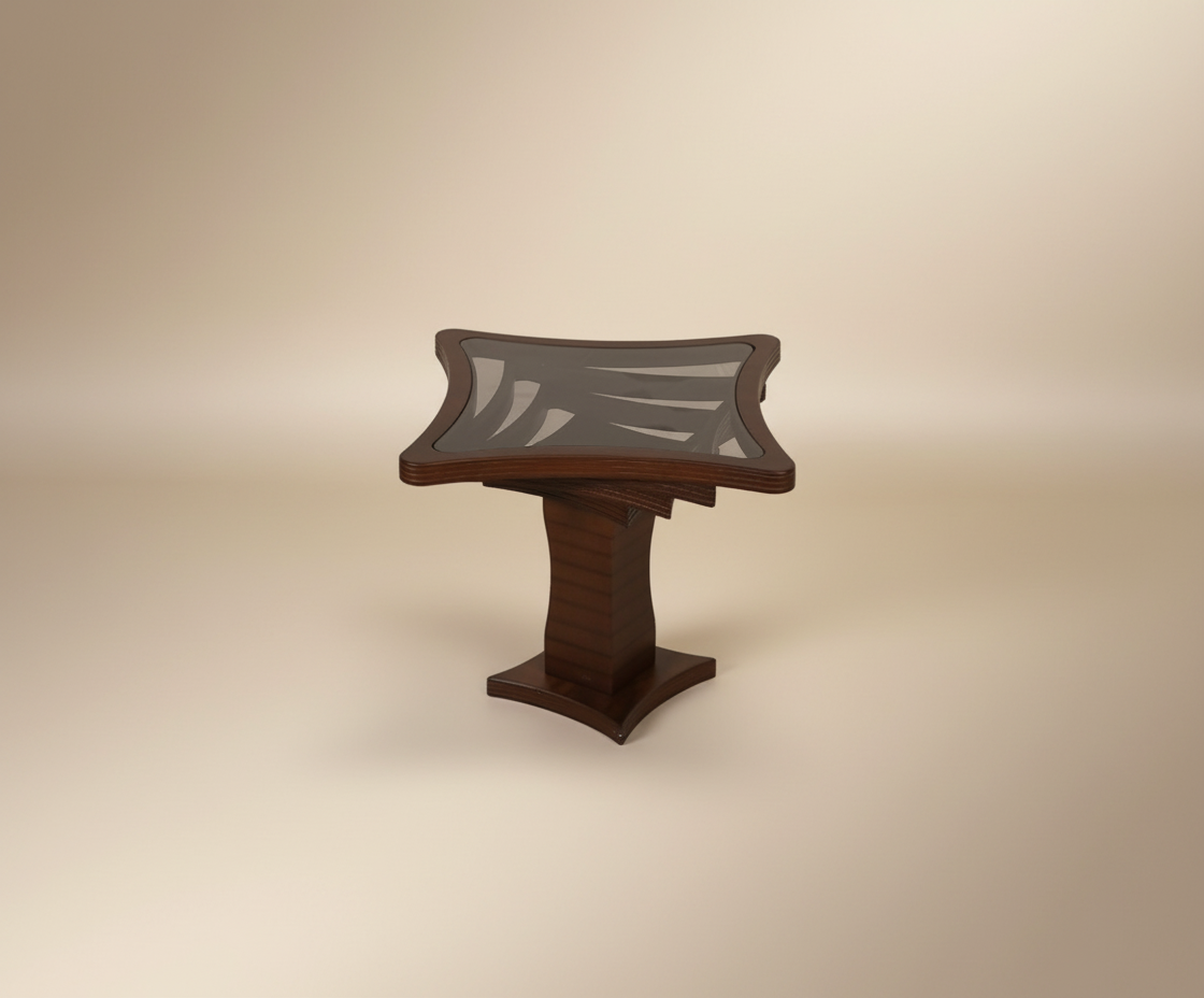 MAESTRO round wooden table, front view with a stepped walnut pedestal