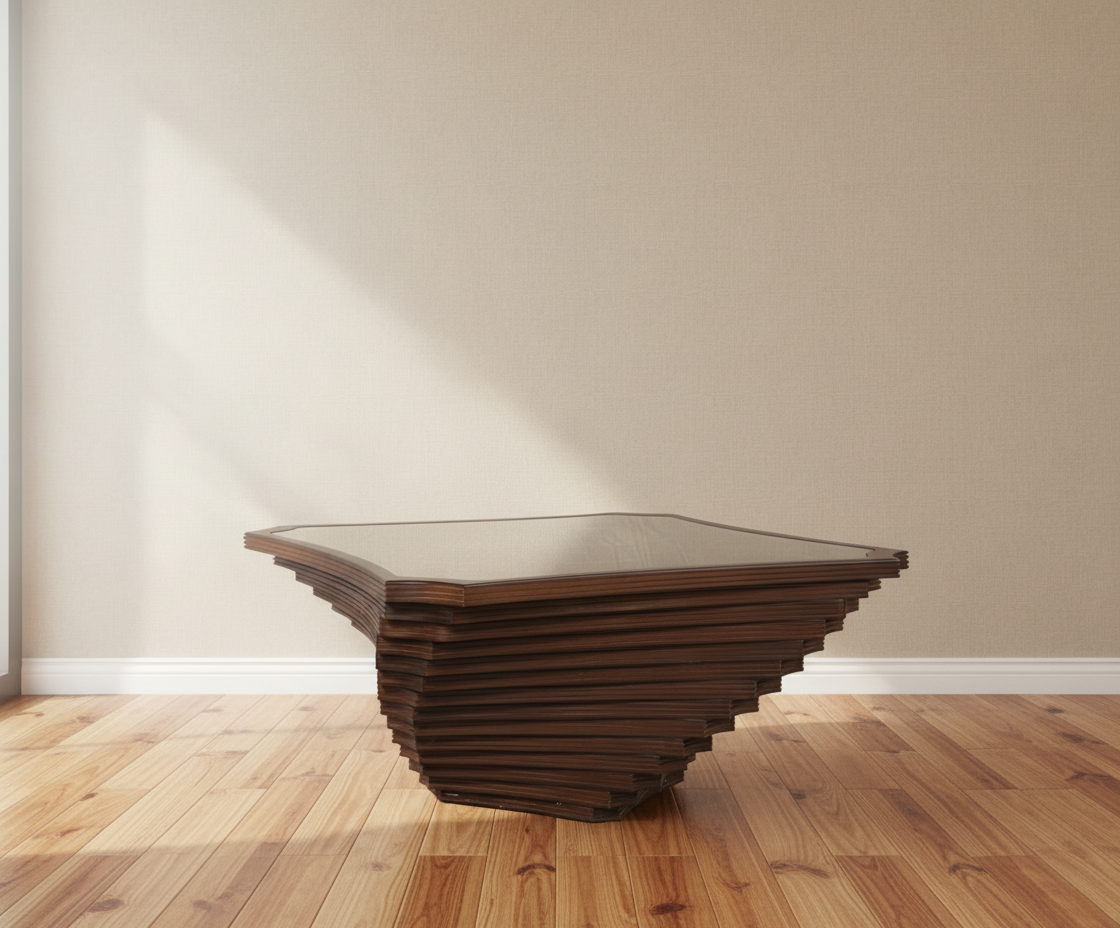 Maestro square wood table, front view with a stepped walnut base