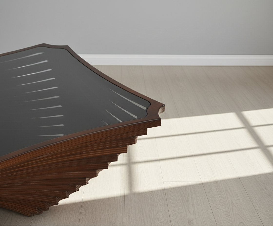 Maestro square wood table, front view with a stepped walnut base