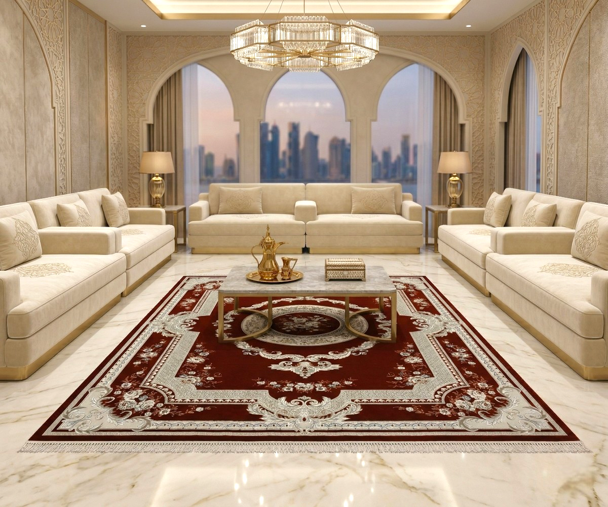 MAJESTIC crimson heritage rug, 250x350 cm, in a city-view majlis