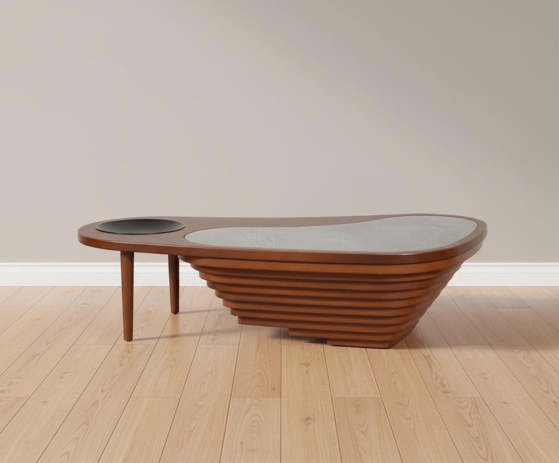 Maran organic wood table, front view with a kidney-shaped walnut top