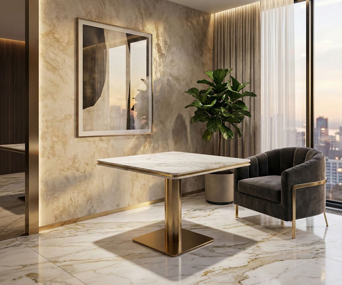Marble bistro table in a marble-clad city-view lounge beside an armchair