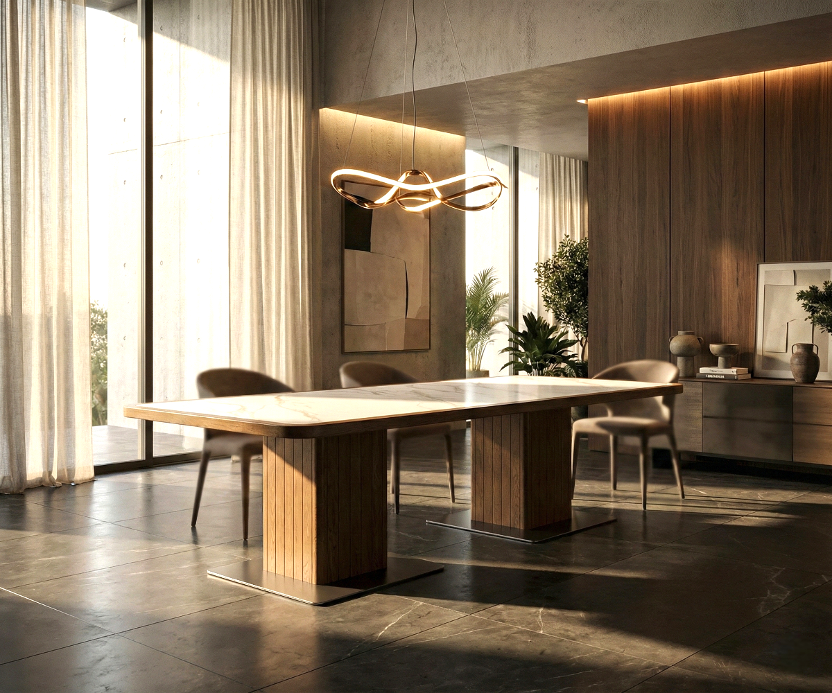Marble column dining table in a warm-lit dining room with slatted panelling