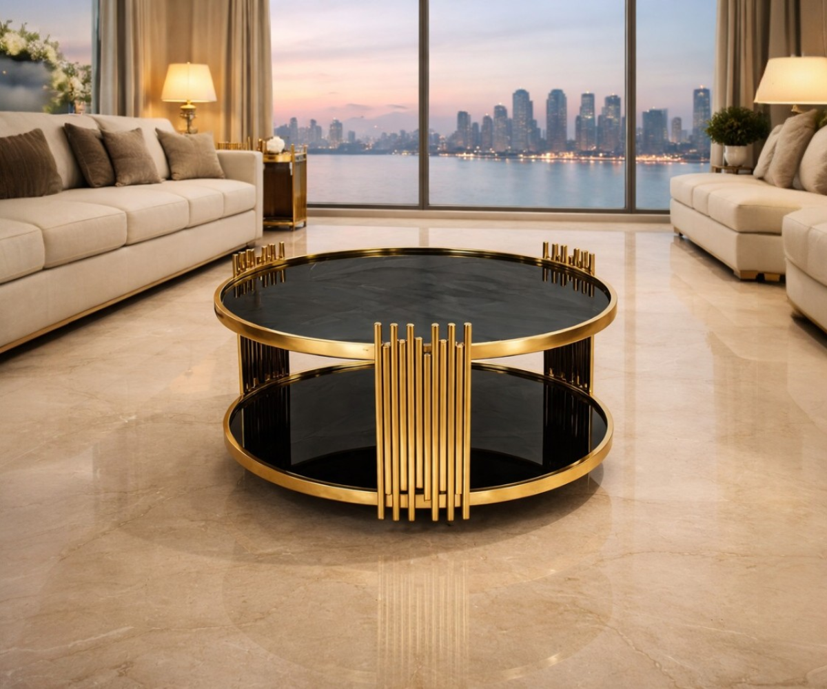 Marble round coffee table 803 in a marina-view marble living room