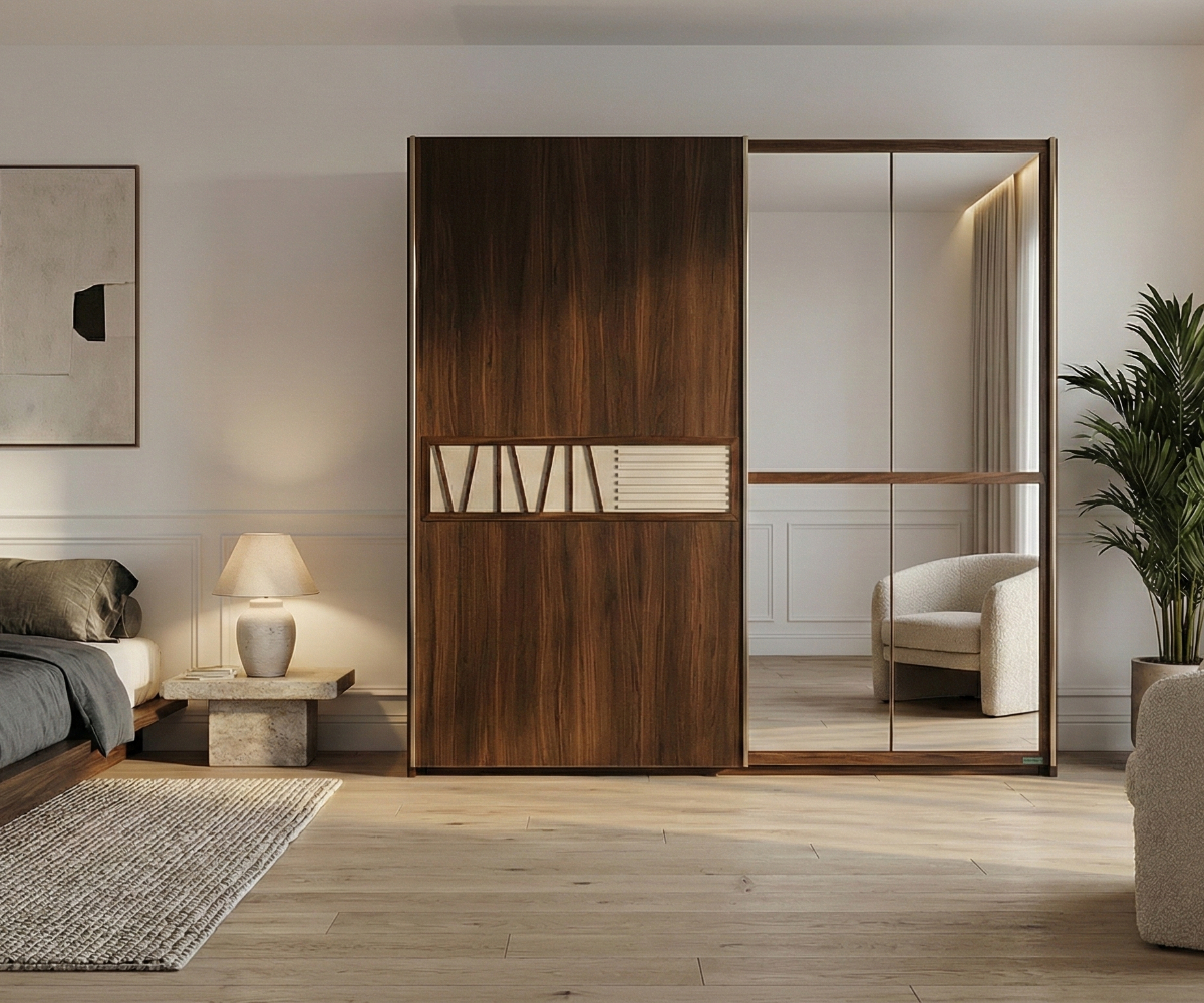 MARCELLO walnut sliding wardrobe in a lamplit bedroom with a mirrored door