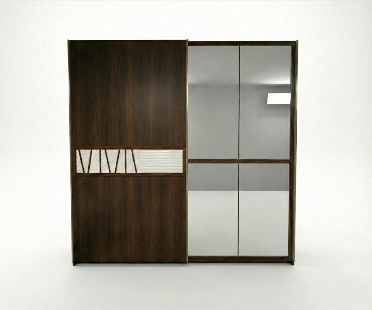 MARCELLO walnut sliding wardrobe in a lamplit bedroom with a mirrored door