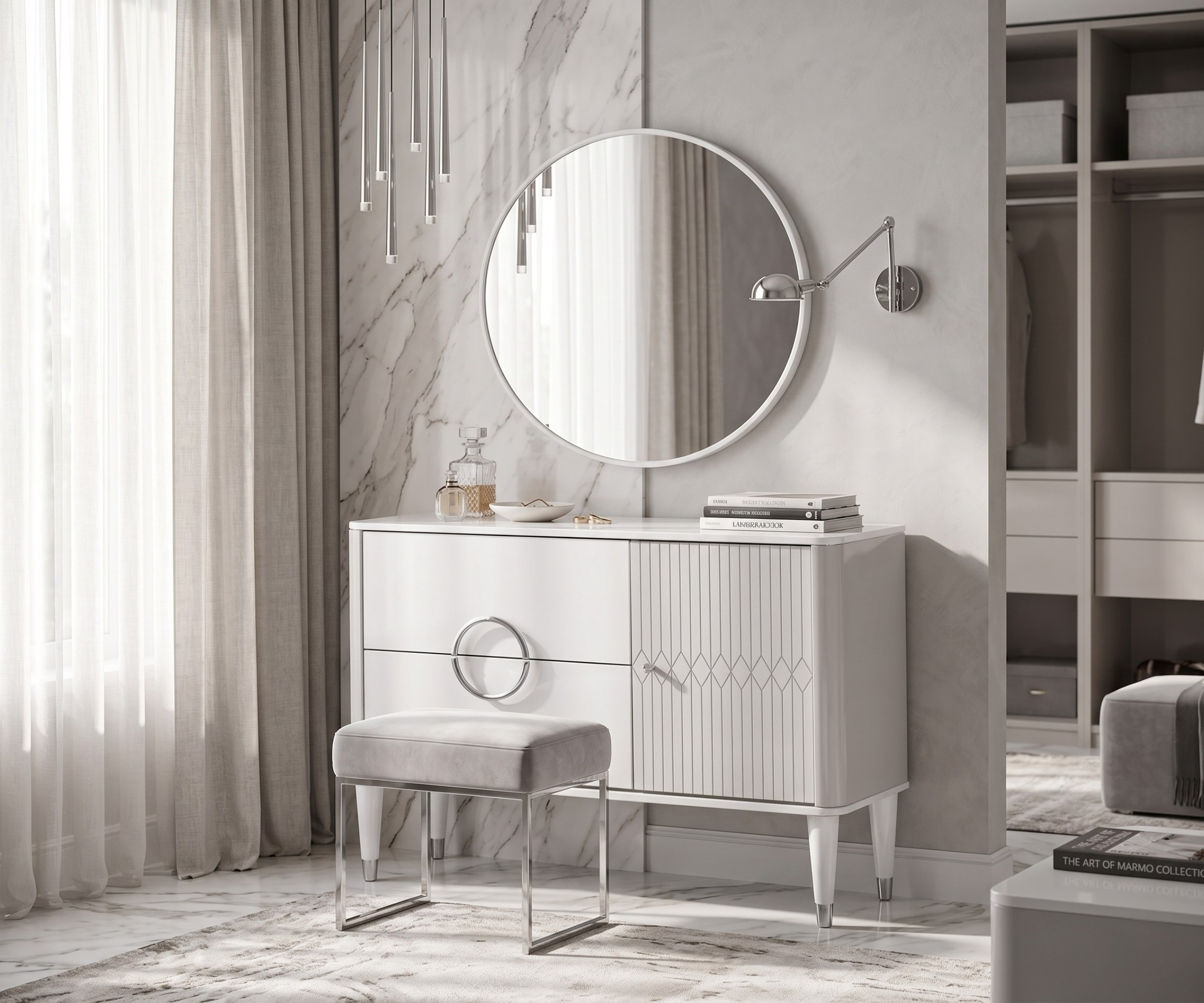 MARMO contemporary makeup desk in a marble dressing room with a round mirror