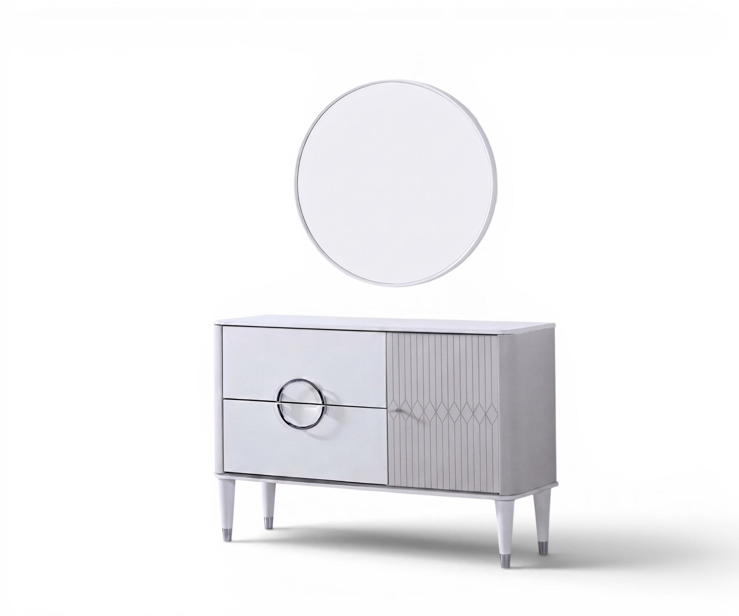 MARMO contemporary makeup desk in a marble dressing room with a round mirror