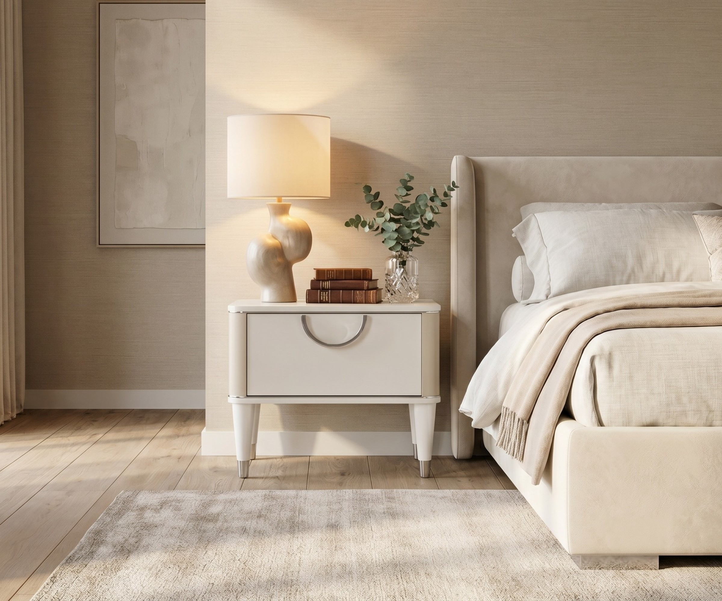 MARMO marble top nightstand in a soft bedroom beside an upholstered bed