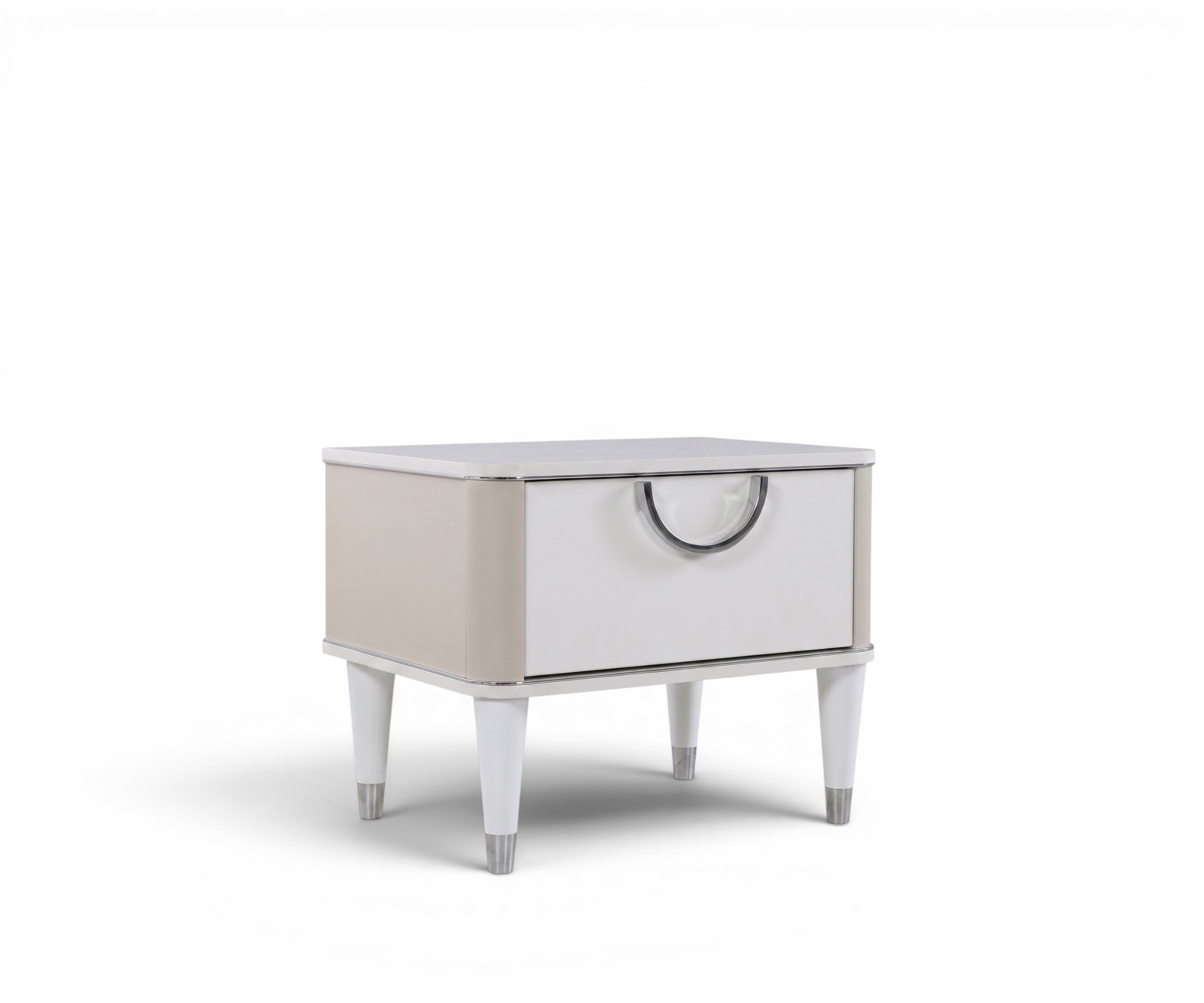 MARMO marble top nightstand in a soft bedroom beside an upholstered bed