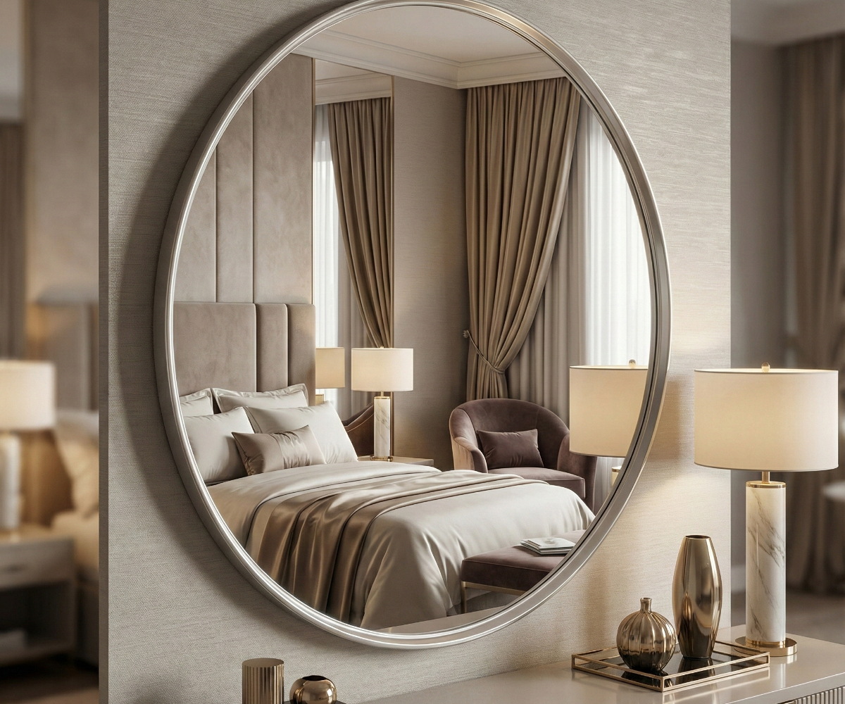 MARMO silver round mirror reflecting a bedroom in a warm-lit room