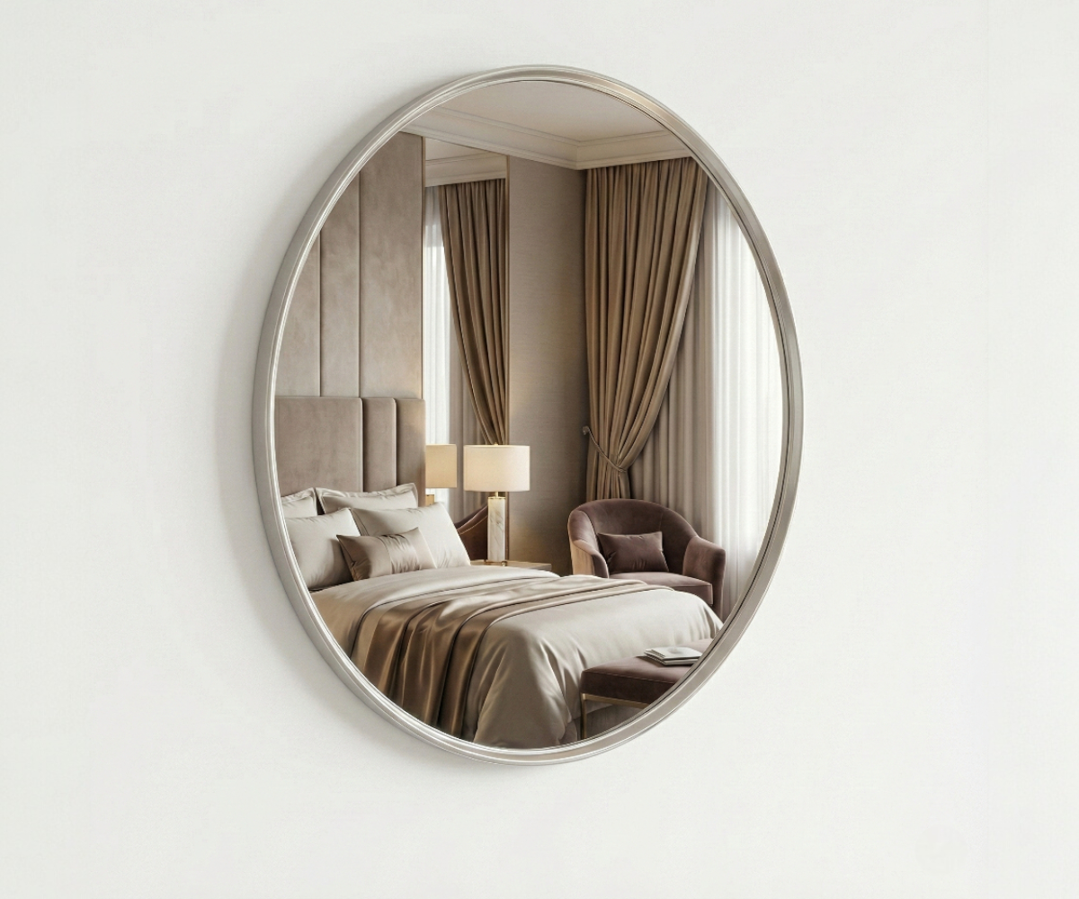 MARMO silver round mirror reflecting a bedroom in a warm-lit room