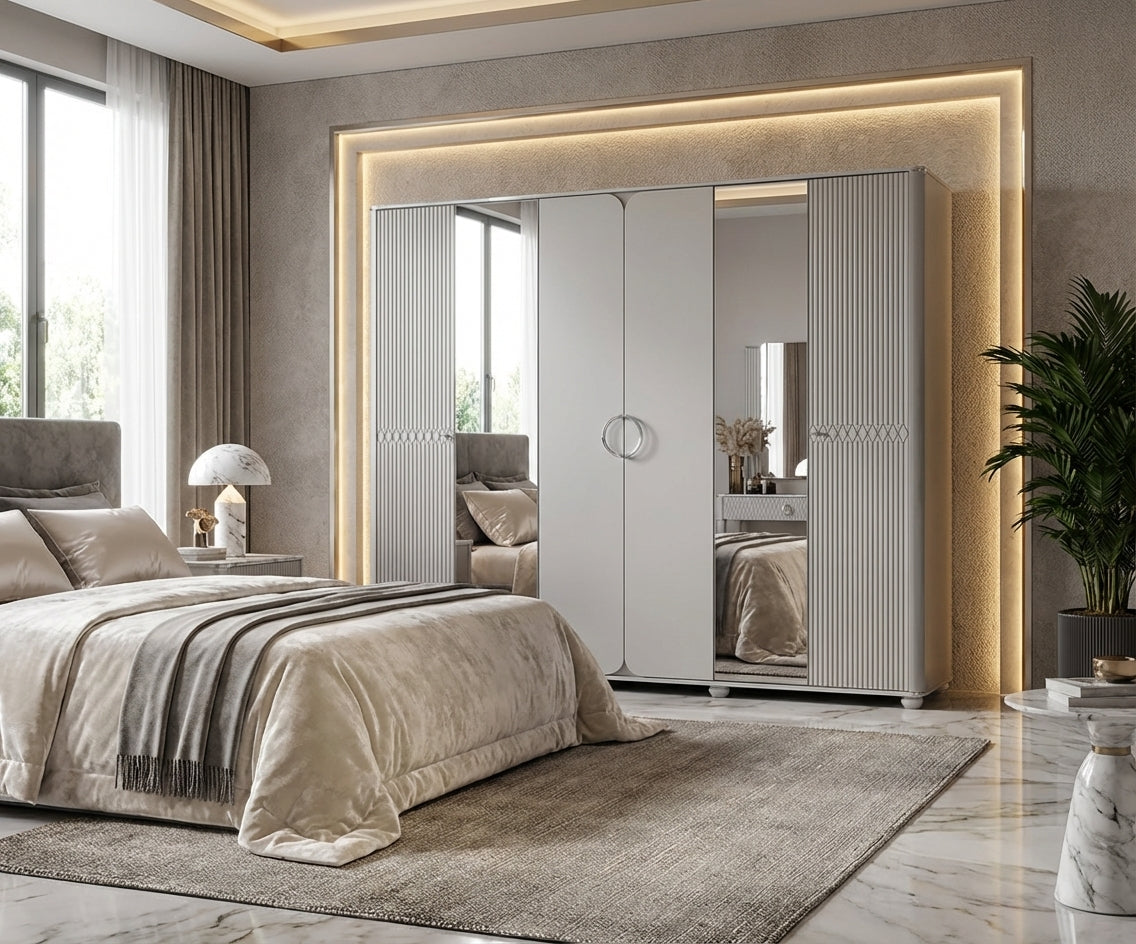 MARMO six-door modern wardrobe in a cove-lit bedroom with mirrored doors