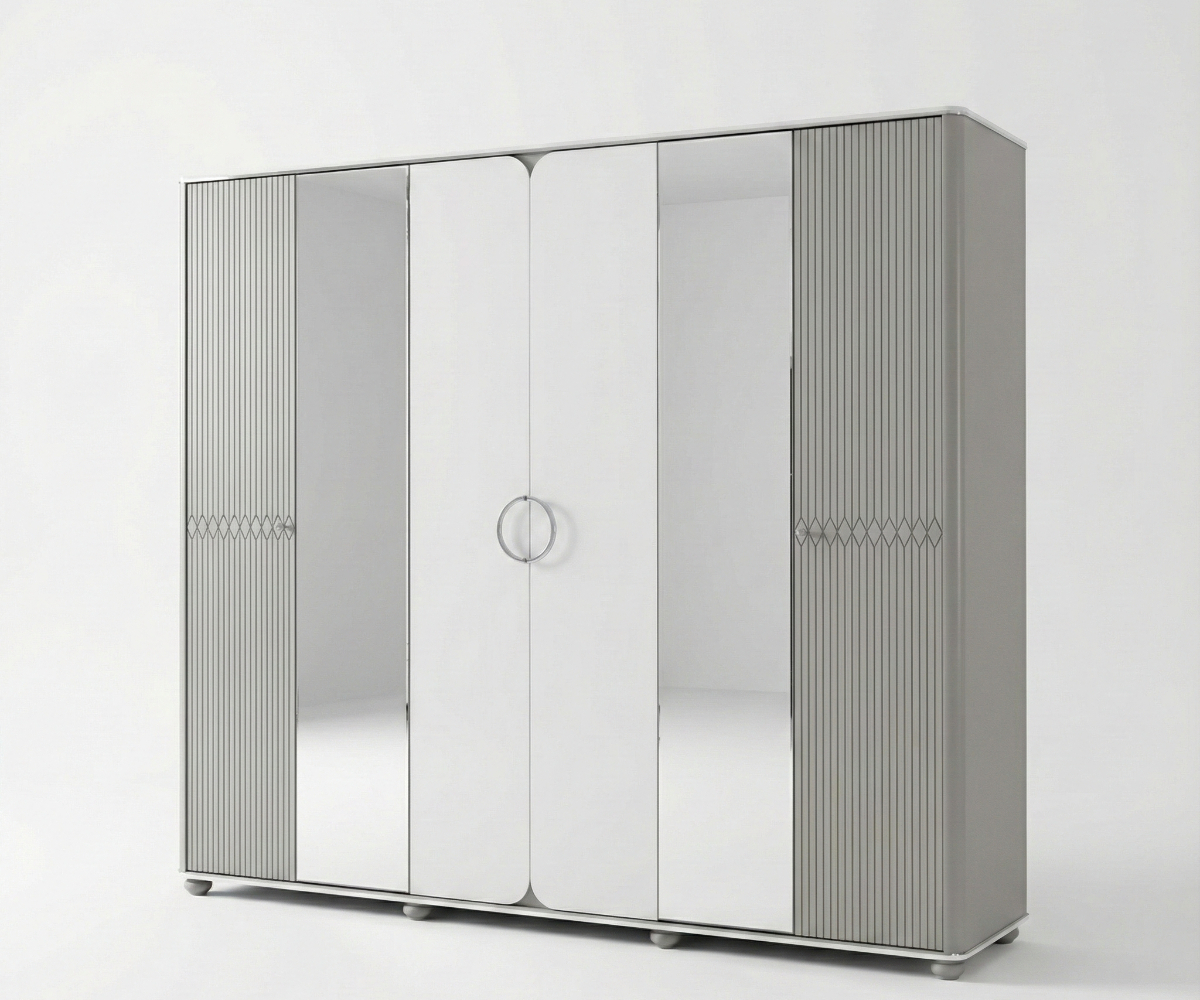 MARMO six-door modern wardrobe in a cove-lit bedroom with mirrored doors