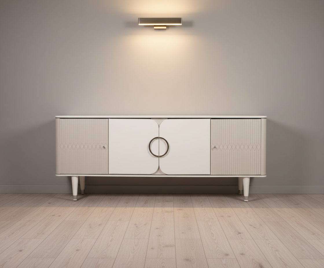 MARMO white cabinet console beneath a wall light in a bright room