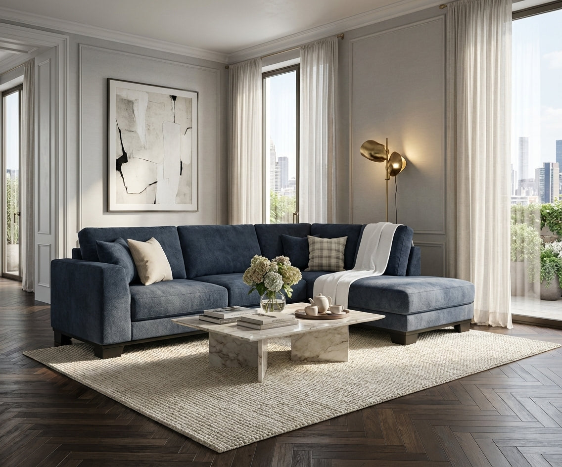 Mass blue corner sofa in a bright city-view living room