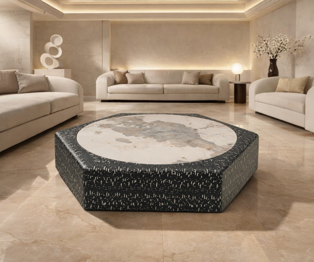 Matrix 2586# hexagonal marble table in a warm-lit marble living room