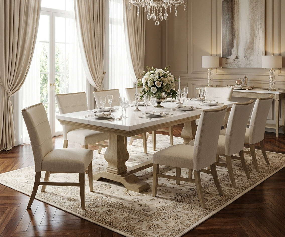 MERCURY dining table in a classic dining room under a crystal chandelier