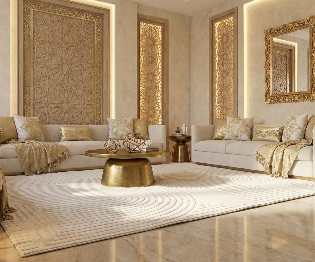 MERIDIAN ivory 3D sculpted rug, 200x300 cm, in a cream panelled majlis