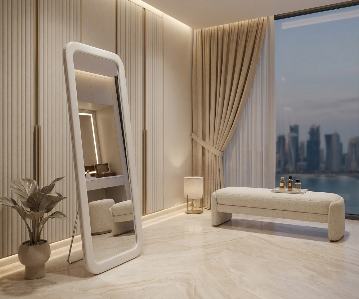 Minimalist floor mirror in a fluted-panel dressing room with a city view