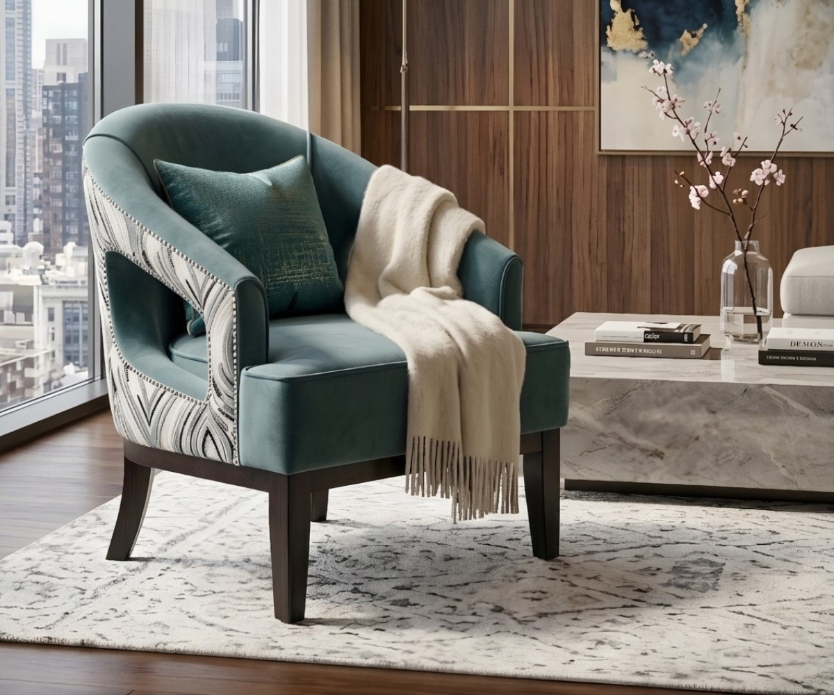 ML-HK modern upholstered armchair in a panelled room with a city view