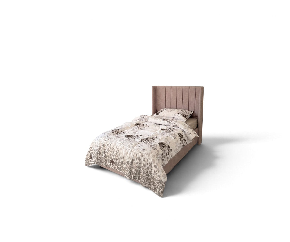 Dusty rose upholstered bed frame from Furniture Factory Outlet featuring a tall wingback headboard with vertical channel tufting. Mattress and bedding not included