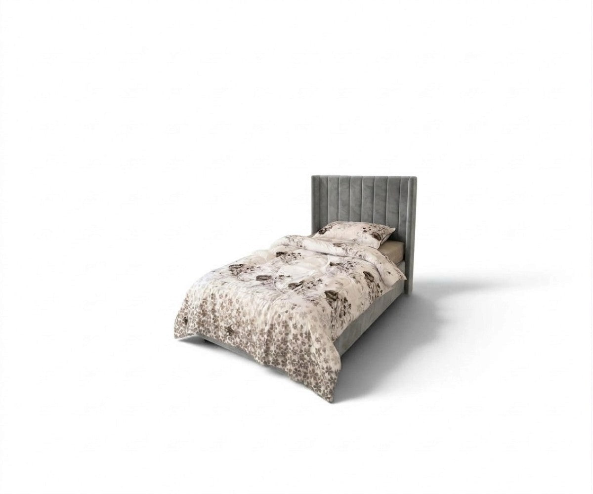 Grey upholstered bed frame from Furniture Factory Outlet featuring a tall wingback headboard with vertical channel tufting. Mattress and bedding not included.
