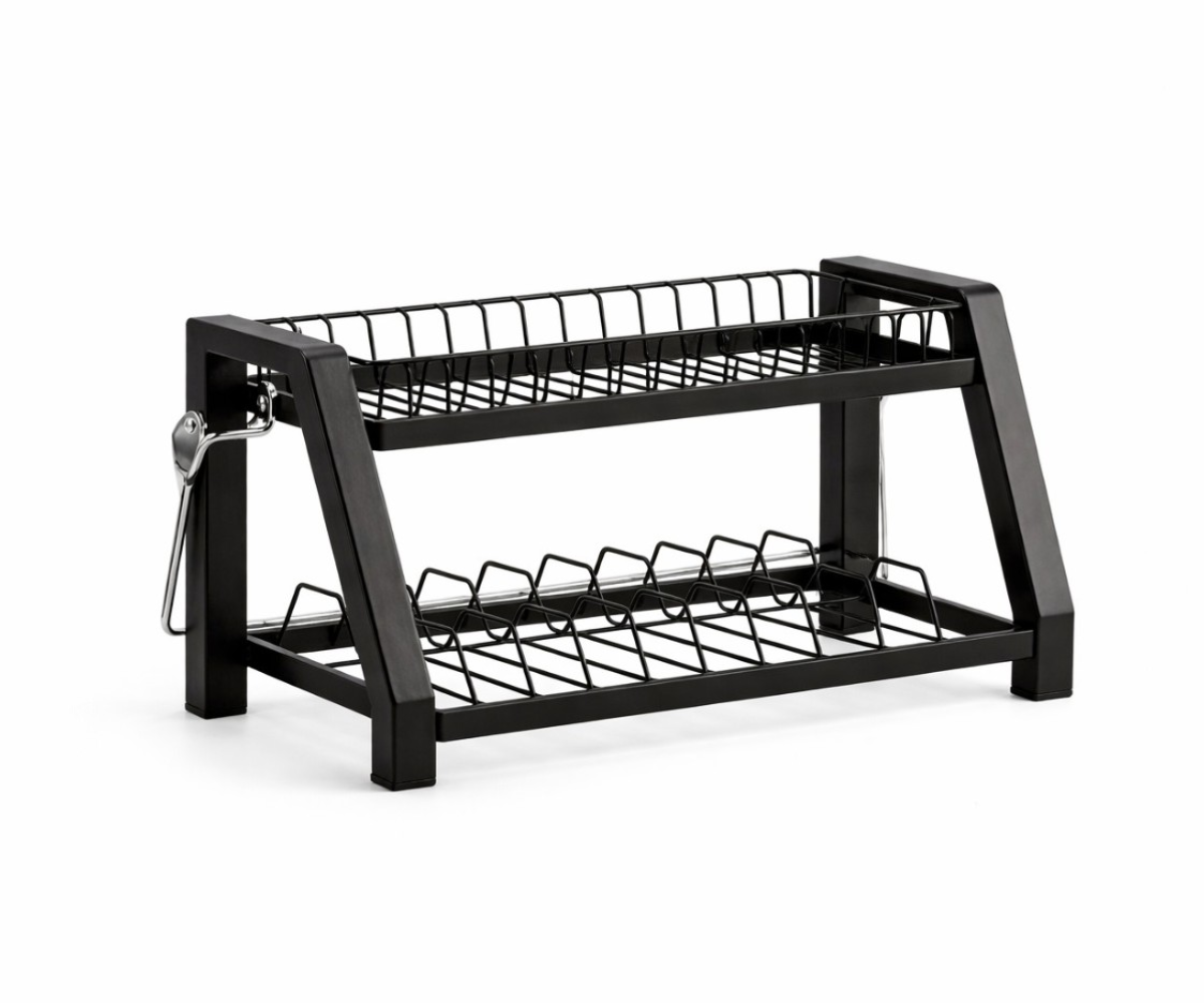 Modern kitchen dish rack in black steel, two-tier with a cutlery clip