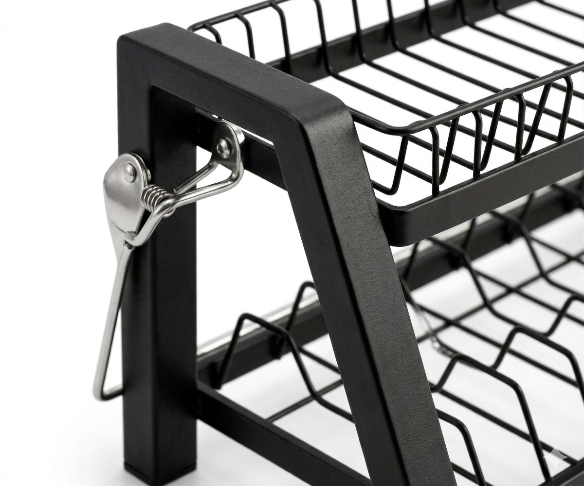 Modern kitchen dish rack in black steel, two-tier with a cutlery clip