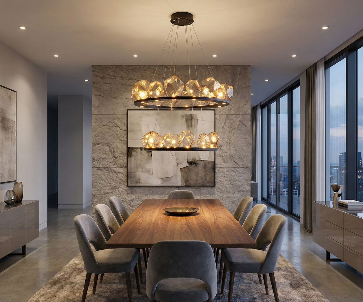 Molten Gems crystal pendant light above a long table in a city-view boardroom