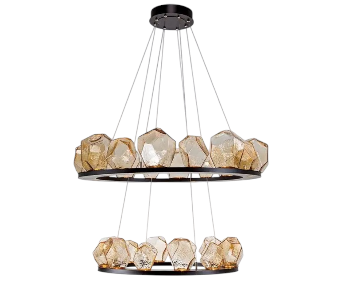 Molten Gems crystal pendant light above a long table in a city-view boardroom