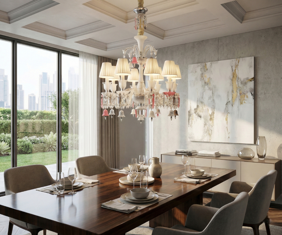 Molten Gems crystal pendant light, two-tier ring hung with amber glass gems