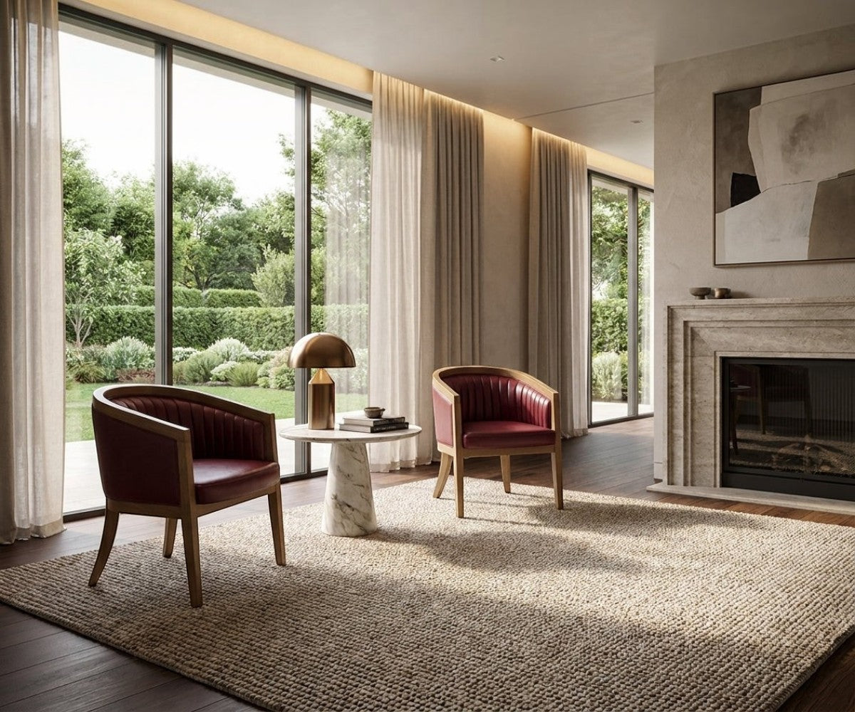 MONACO velvet accent chairs beside a marble fireplace in a bright room