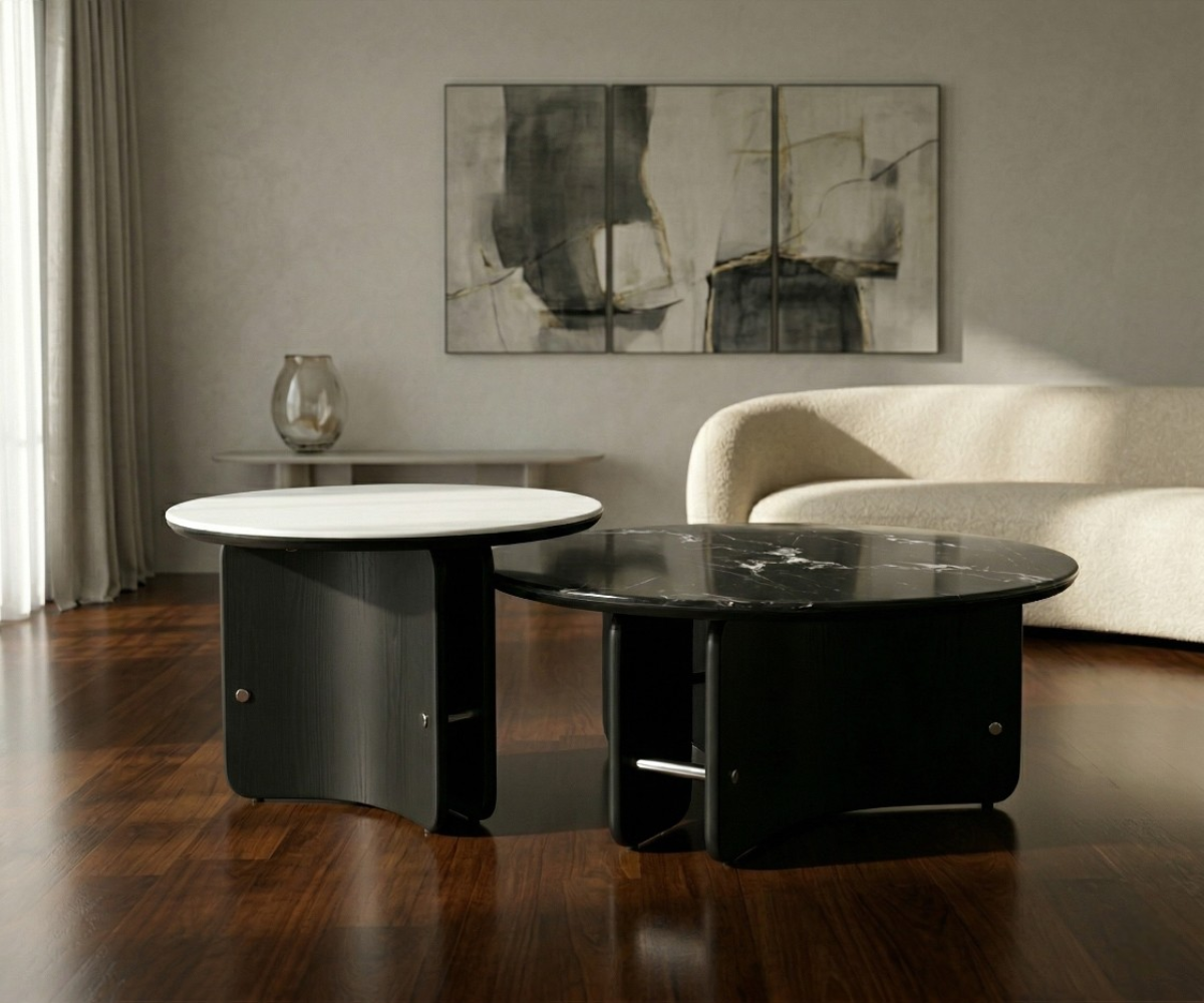 Monolith 5338# marble nesting set in a bright room with dark flooring